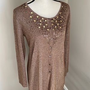 Chicos Bronze Metallic and  Sequined Long Button Up  Cardigan  Size Medium